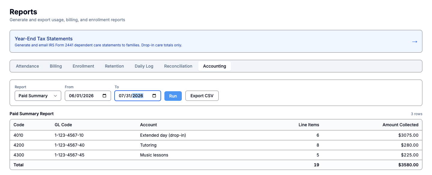 Accounting reports: the Paid Summary for June and July grouped by account, each row carrying the school's own GL code next to the amount collected, footing to the total