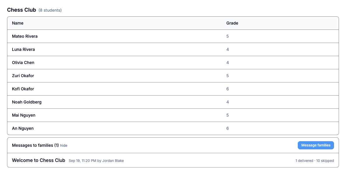 Instructor roster showing a class's students, the Message families button, and the log of messages already sent to the class's families